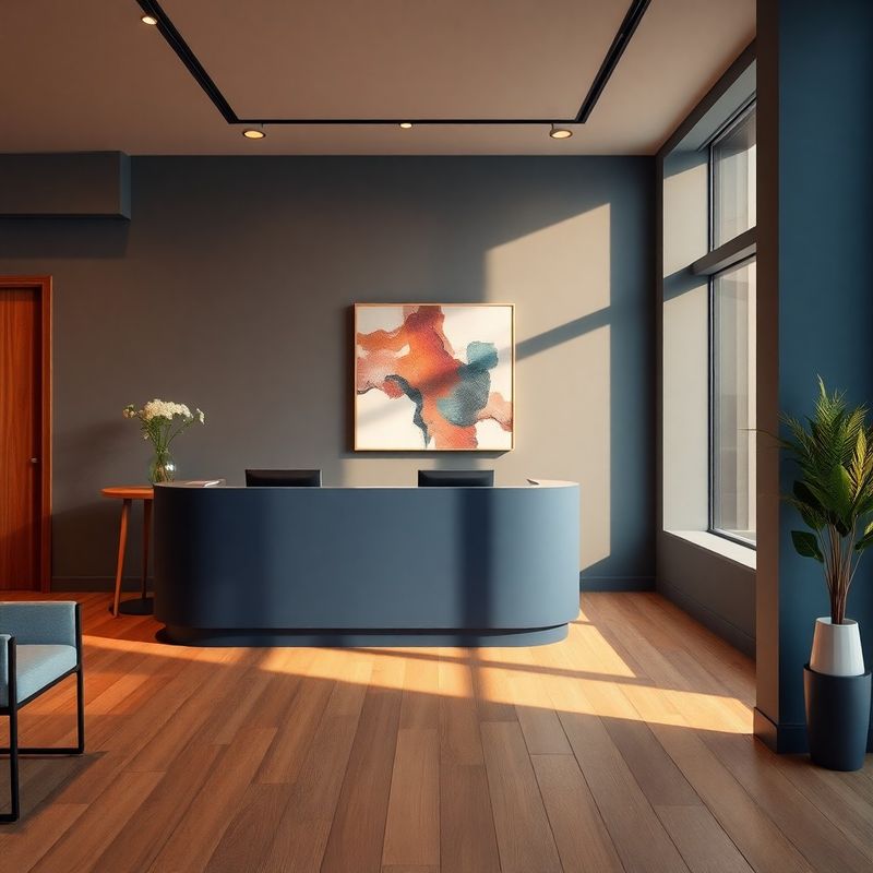 Detaliu al recepției într-un birou minimalist cu accente indigo
