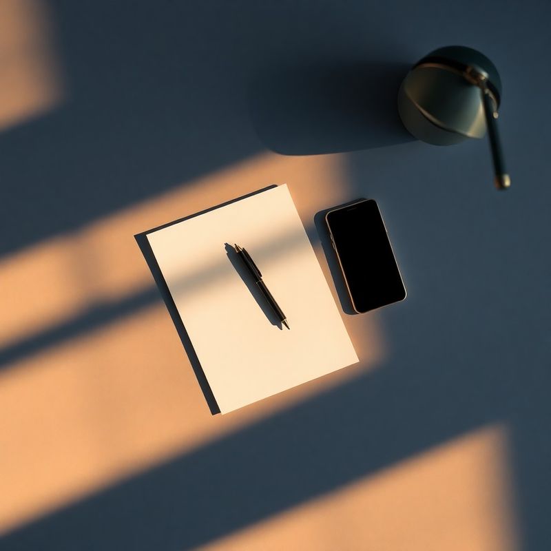Vedere de sus a unui birou minimalist cu notepad, pix și telefon
